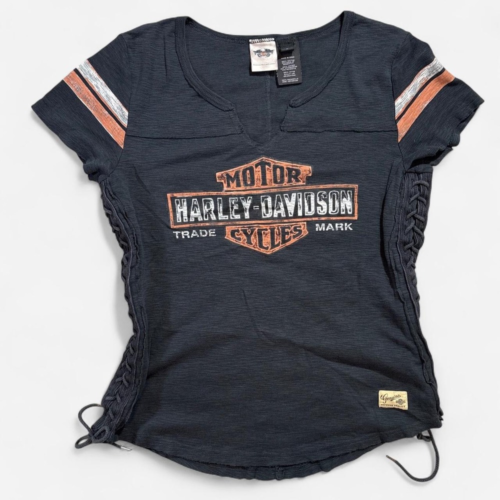 Harley Davidson Off Black Women Lace Up Sides Logo Short Sleeve Scoop Neck Large